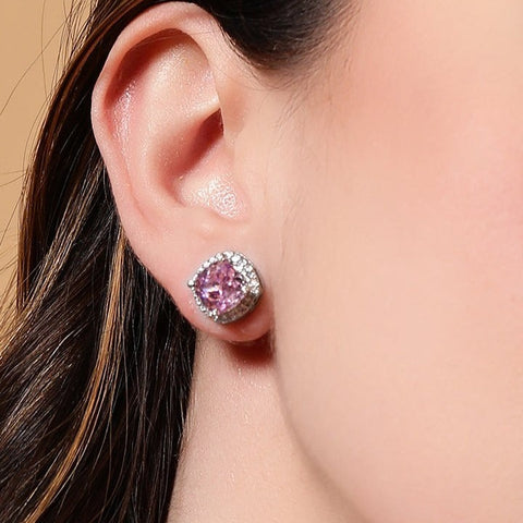 Single Halo Squircle Pink Zirconia Earings