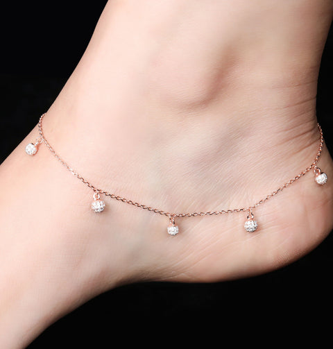 Gleaming Spherical Drop CZ Rose Gold Anklet - KORE JEWELS
