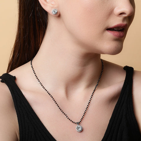 Halo Round Earrings & Mangalsutra Set. - KORE JEWELS
