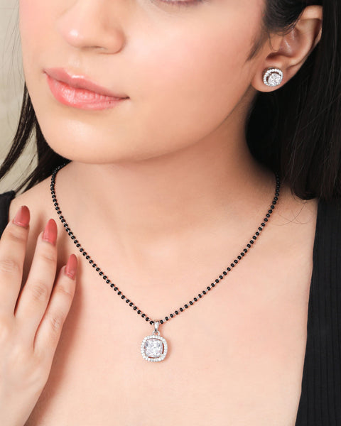 Halo Squircle Earrings & Mangalsutra Set. - KORE JEWELS