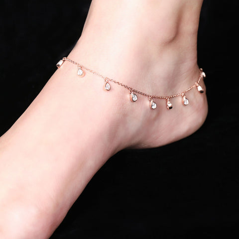 Satiny Tear Drop CZ Rosegold Anklet - KORE JEWELS