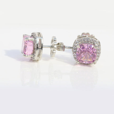 Single Halo Squircle Pink Zirconia Earings - KORE JEWELS