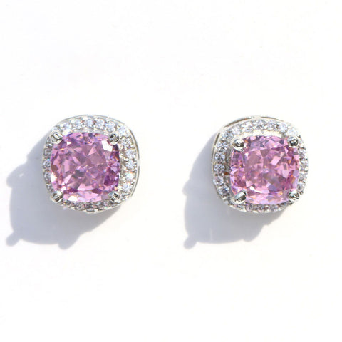 Single Halo Squircle Pink Zirconia Earings - KORE JEWELS