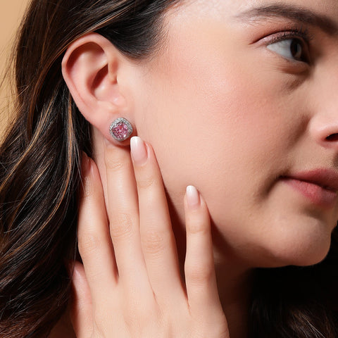 Single Halo Squircle Pink Zirconia Earings - KORE JEWELS