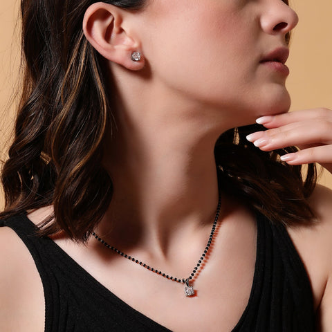 Tiny Square Solitaire Earrings & Mangalsutra Set. - KORE JEWELS