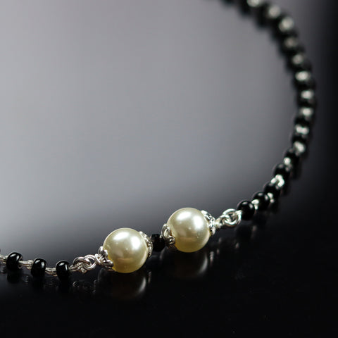 Pearl and Black Beads Silver Bracelet