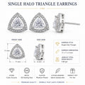Single halo triangle stud earrings shown in front, side, and dimension views on a white background, with text detailing stone, metal, plating, dimensions, and weight.