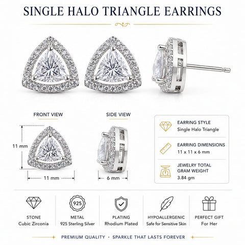 Single halo triangle stud earrings shown in front, side, and dimension views on a white background, with text detailing stone, metal, plating, dimensions, and weight.