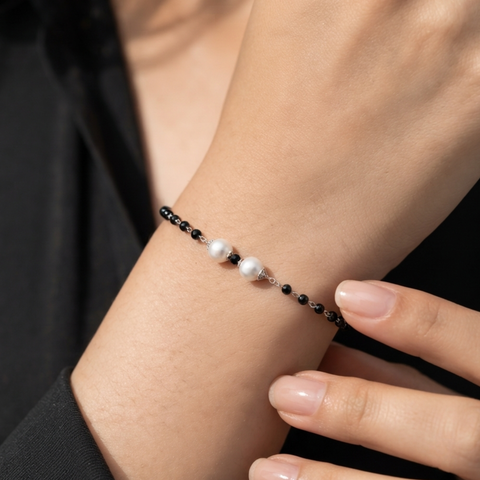 Pearl and Black Beads Silver Bracelet