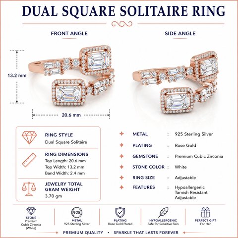 Dual Square Solitaire Rose Gold Ring.