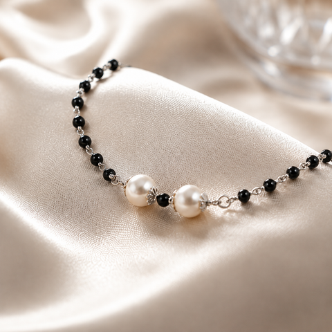 Pearl and Black Beads Silver Bracelet
