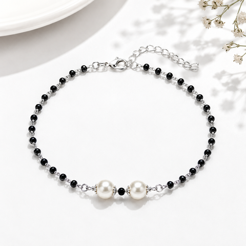 Pearl and Black Beads Silver Bracelet