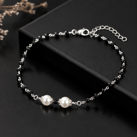 Pearl and Black Beads Silver Bracelet