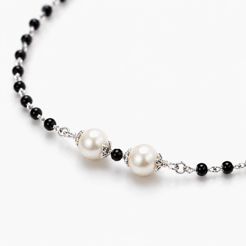 Pearl and Black Beads Silver Bracelet