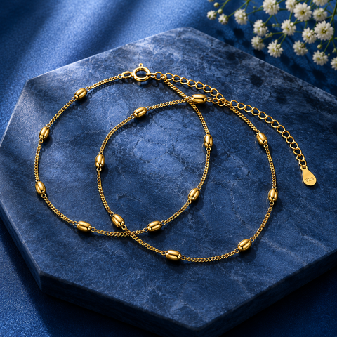 Beaded Chain Gold Anklet.