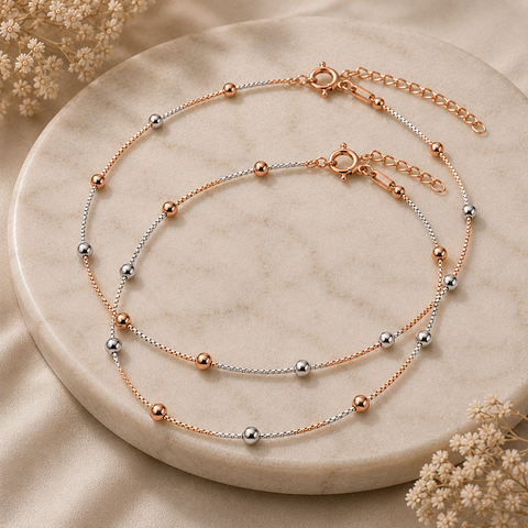 Shimmering Beaded Box Chain Dual Tone Anklet