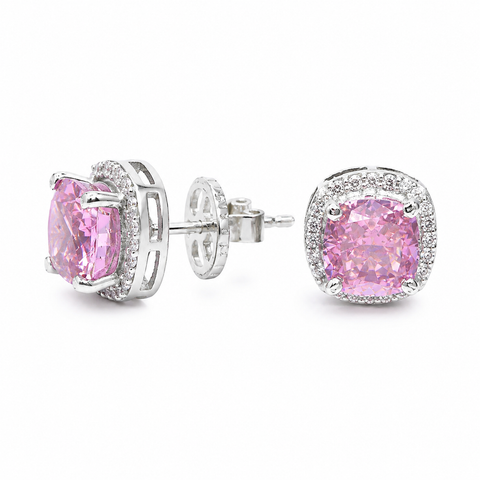 Single Halo Squircle Pink Zirconia Earings