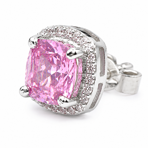 Single Halo Squircle Pink Zirconia Earings