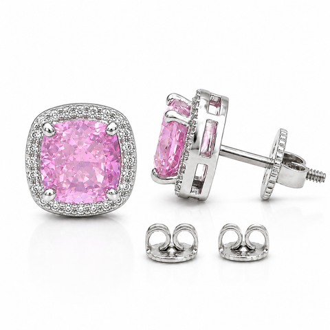 Single Halo Squircle Pink Zirconia Earings