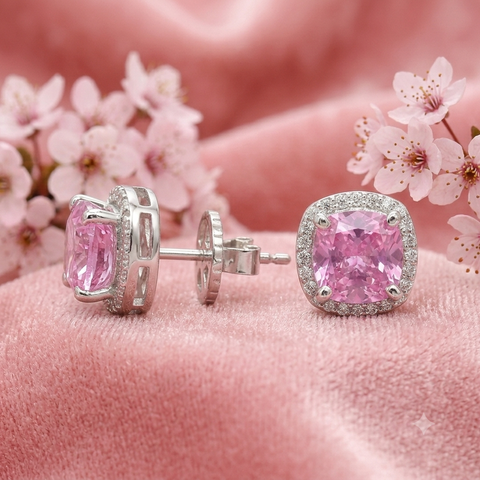 Single Halo Squircle Pink Zirconia Earings