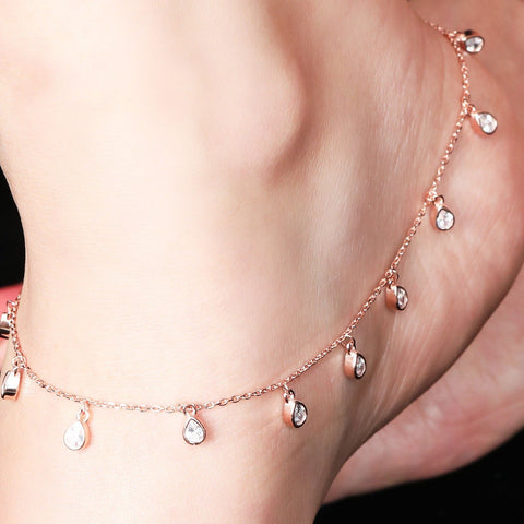 Satiny Tear Drop CZ Rosegold Anklet - KORE JEWELS 