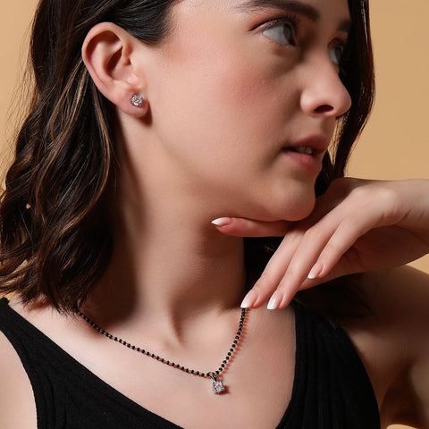 Tiny Square Solitaire Earrings & Mangalsutra Set. - KORE JEWELS 