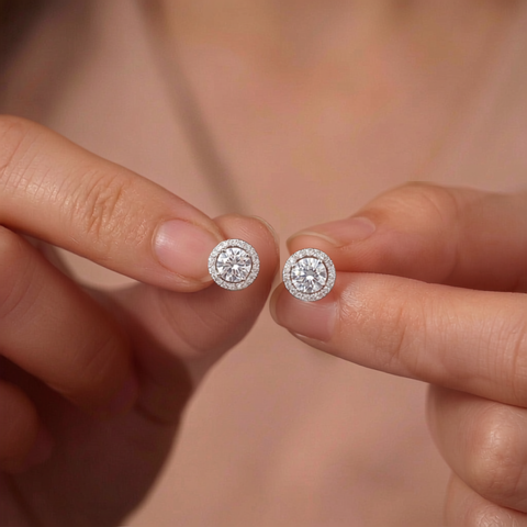 Single Halo Round Earings.