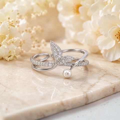 Dainty Leafy Love CZ Ring.