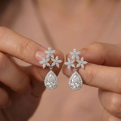 Floral Tear-Drop CZ Earrings